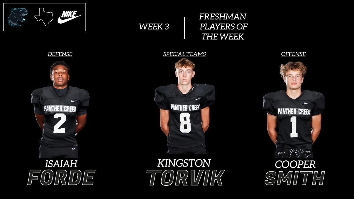Panther Creek Football Recruiting (@pchsfriscofb) on Twitter photo Week 3 Sub Varsity Players of the Week
#CREEK Week 3 Sub Varsity Players of the Week
#CREEK