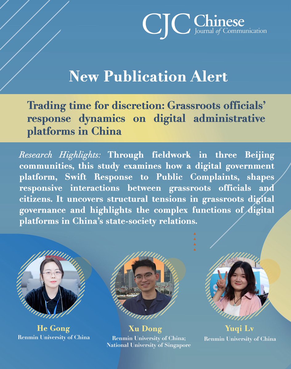New pub alert! A study by He, Dong, and Lv examines how a digital government platform, Swift Response to Public Complaints, shapes responsive interactions between grassroots officials and citizens.

Read here: doi.org/10.1080/175447…