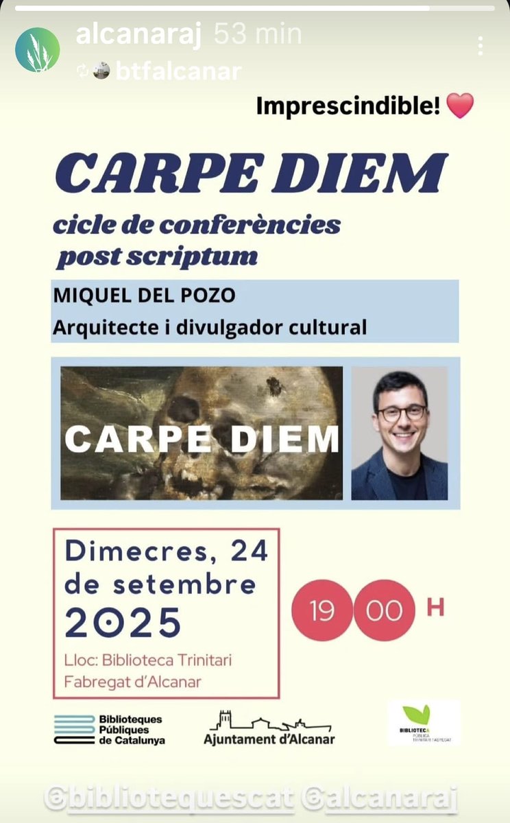 Reserva't la data, tens una cita imprescindible a la <a href="/BtfAlcanar/">Biblioteca d'Alcanar</a> amb <a href="/miqueldelpozo/">Miquel del Pozo Puig</a>.
