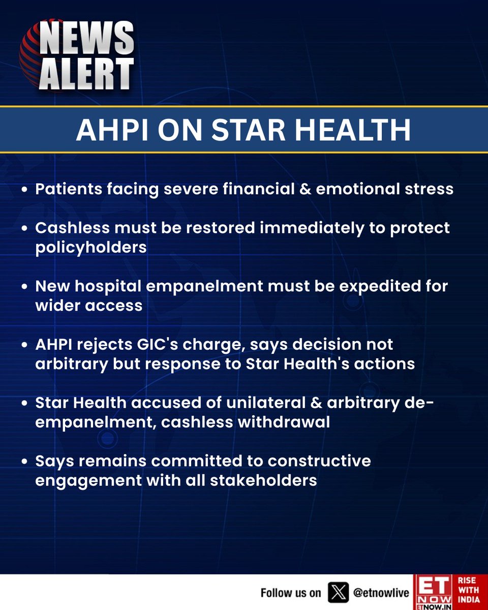 ETNOWlive's tweet photo. #NewsAlert | AHPI demands immediate restoration of cashless services by Star Health
#AHPI #StarHealth https://t.co/DPXZRETfy4