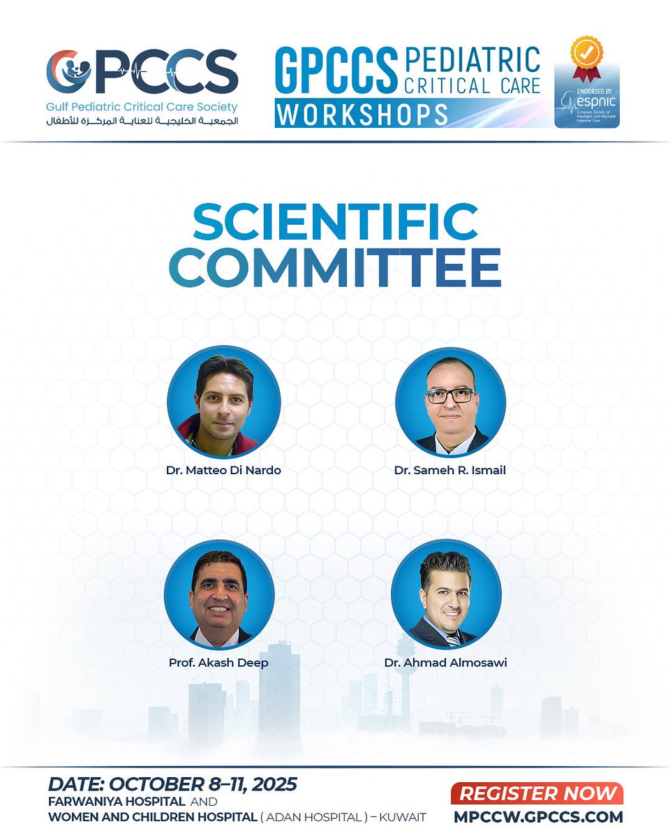 We’re proud to present the Organizing &amp; Scientific Committees of the GPCCS Pediatric Critical Care Workshops.

Register now: mpccw.gpccs.com

#GPCCS #PediatricCare #KuwaitEvents #MedicalWorkshops #PICU #ECMO #POCUS #CRRT #DifficultAirway