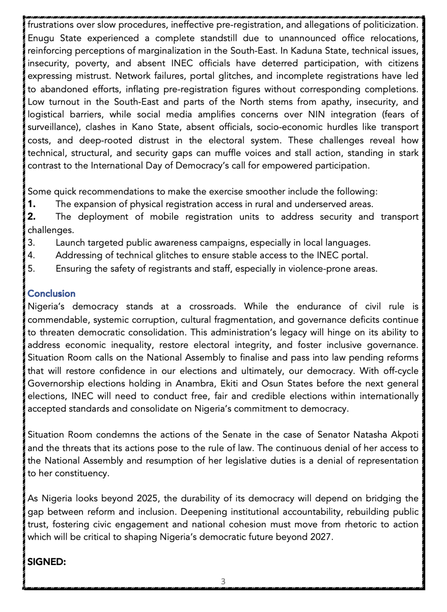 SituationRoomNg's tweet image. NIGERIA CIVIL SOCIETY SITUATION ROOM’S STATEMENT ON INTERNATIONAL DAY OF DEMOCRACY 2025

Issued in Abuja on Monday, 15th September 2025

#InternationalDayofDemocracy
#StateoftheNation
#ElectionNewstrend
#DemocracyWatch
#NigeriaDecides2027