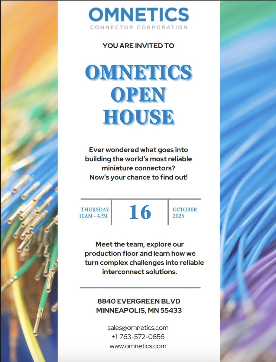Omnetics's tweet image. Ever wondered what goes into building the world&apos;s most reliable #miniatureconnectors? Meet the team, tour our production floor, and more.

🔹 Thursday, October 16, 2025
🔹 10 AM - 4 PM
🔹8840 Evergreen Blvd, Minneapolis, MN 55433