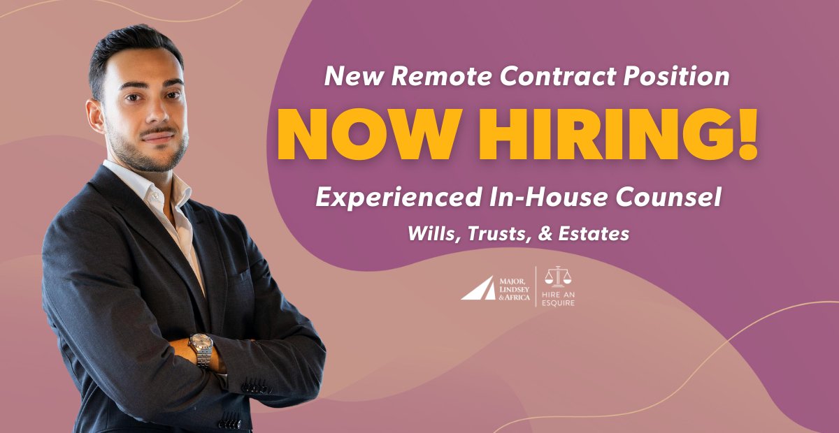 Our client is hiring one In-House Counsel with 8-10 years of experience in Wills, Trusts, &amp; Estates and Tax Planning. 

This is Remote position offering limited weekly hours, projected to last 3-6 months. 

See more details &amp; Apply here!: bit.ly/42z2zz5
#HireanEsquire
