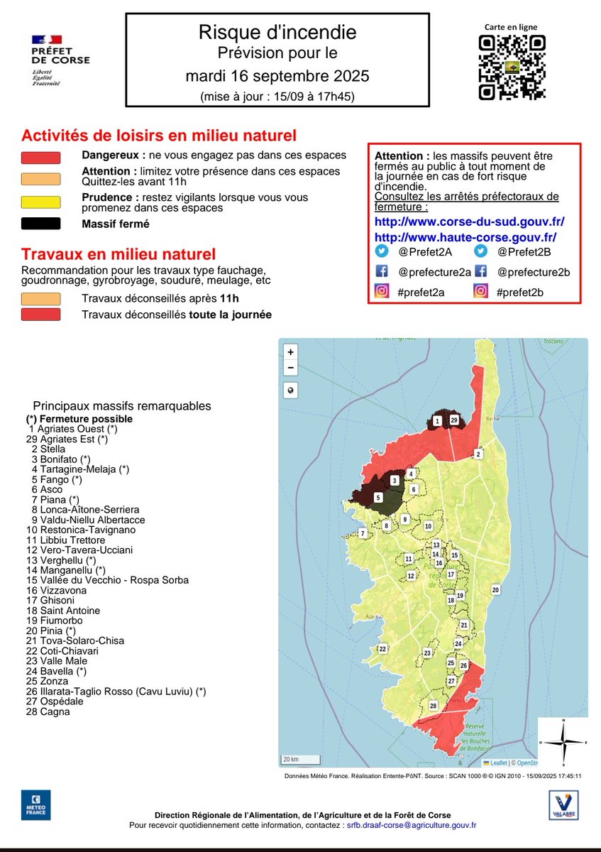 🔥🌳 Fermeture des massifs du Fango, de Bonifato et de de l’Agriate du 16/09 à 07h jusqu’au 17/09 à 07h en raison du risque incendie « très sévère »
➕ d'infos : haute-corse.gouv.fr/Actions-de-l-E…