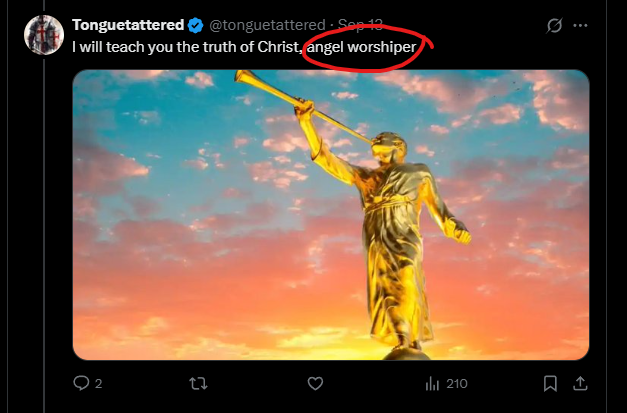 SJWLiberty's tweet photo. @tonguetattered @Mormonger @PastorMark This is where you lost control of your attempt to engage
Poisoning the Well (logical fallacy). 

You don't know who you've engaged. You are familiar with a caricature that you trust. But you've been mislead about LDS beliefs.

 Jesus Christ in the tone of smack down = No Go. https://t.co/fsO0MC49sk