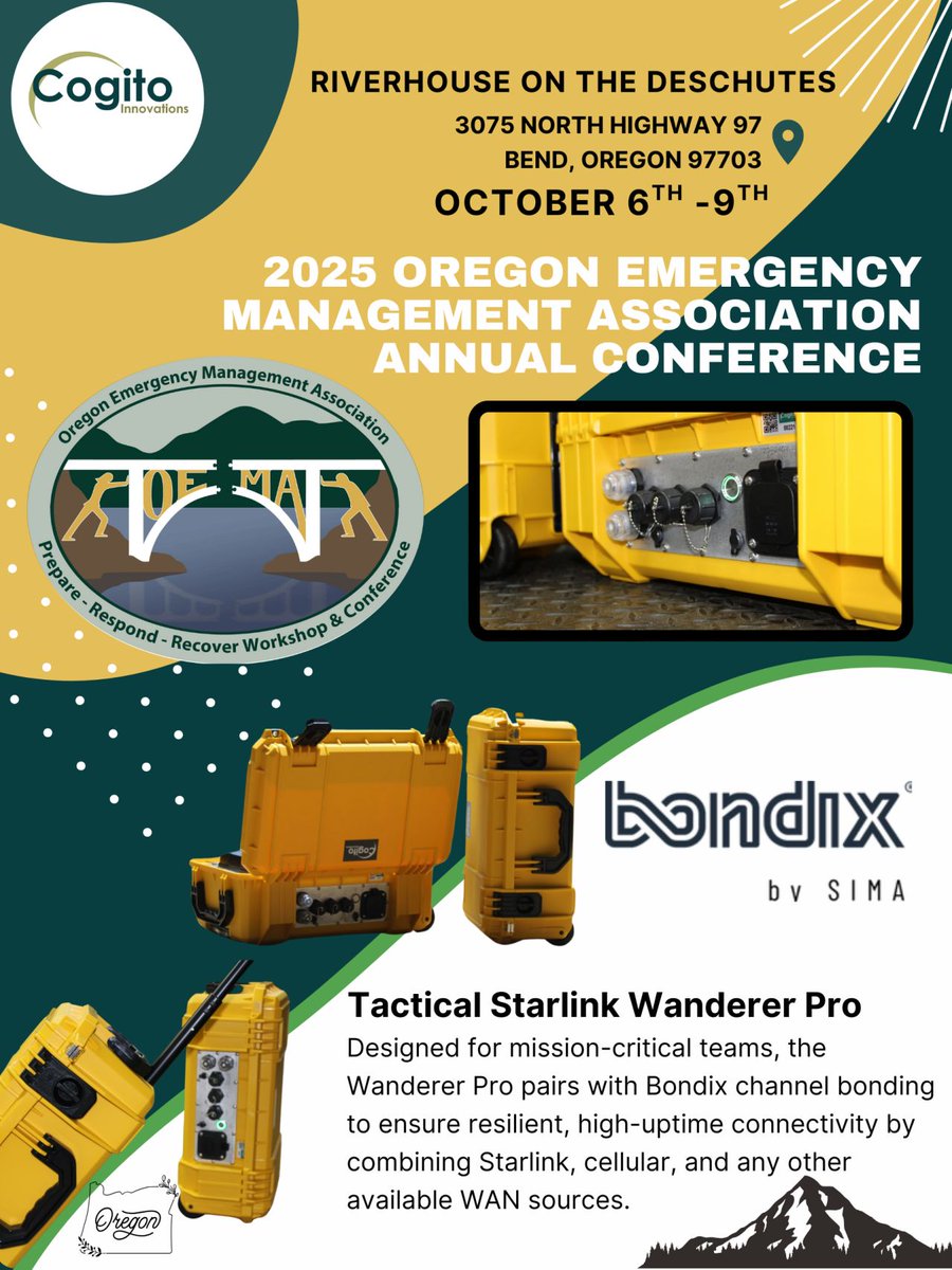 cogitocomms's tweet image. Next stop, Oregon! From October 6th-9th, we'll be attending #OEMA2025
#Emergencymanagement #Starlink #Disasterresponse #BondixUSA