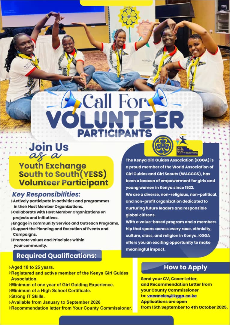 KenyaGirlGuides's tweet photo. πβ¨ Applications Open! β¨π
Join the YESS Programme 2026 with KGGA!
π©π½βπΌ Professionals (26β35): M&E focus
ππ½ββοΈ Volunteers (18β25): Community projects
π
JanβSept 2026
π© Apply by 4 Oct 2025 β vacancies@kgga.co.ke
#KGGA #YESSProgramme #GirlsCreatingABetterWorld https://t.co/N025Jk3K3m