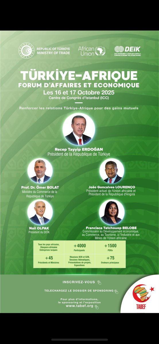 Dans le but de développer la coopération entre la Türkiye et les pays africains et d’explorer les opportunités économiques, nous organiserons le Forum d’affaires et économique Türkiye–Afrique, que nous tenons tous les deux ans depuis 2016.

🗓️ 16–17 octobre 2025
📍 Istanbul