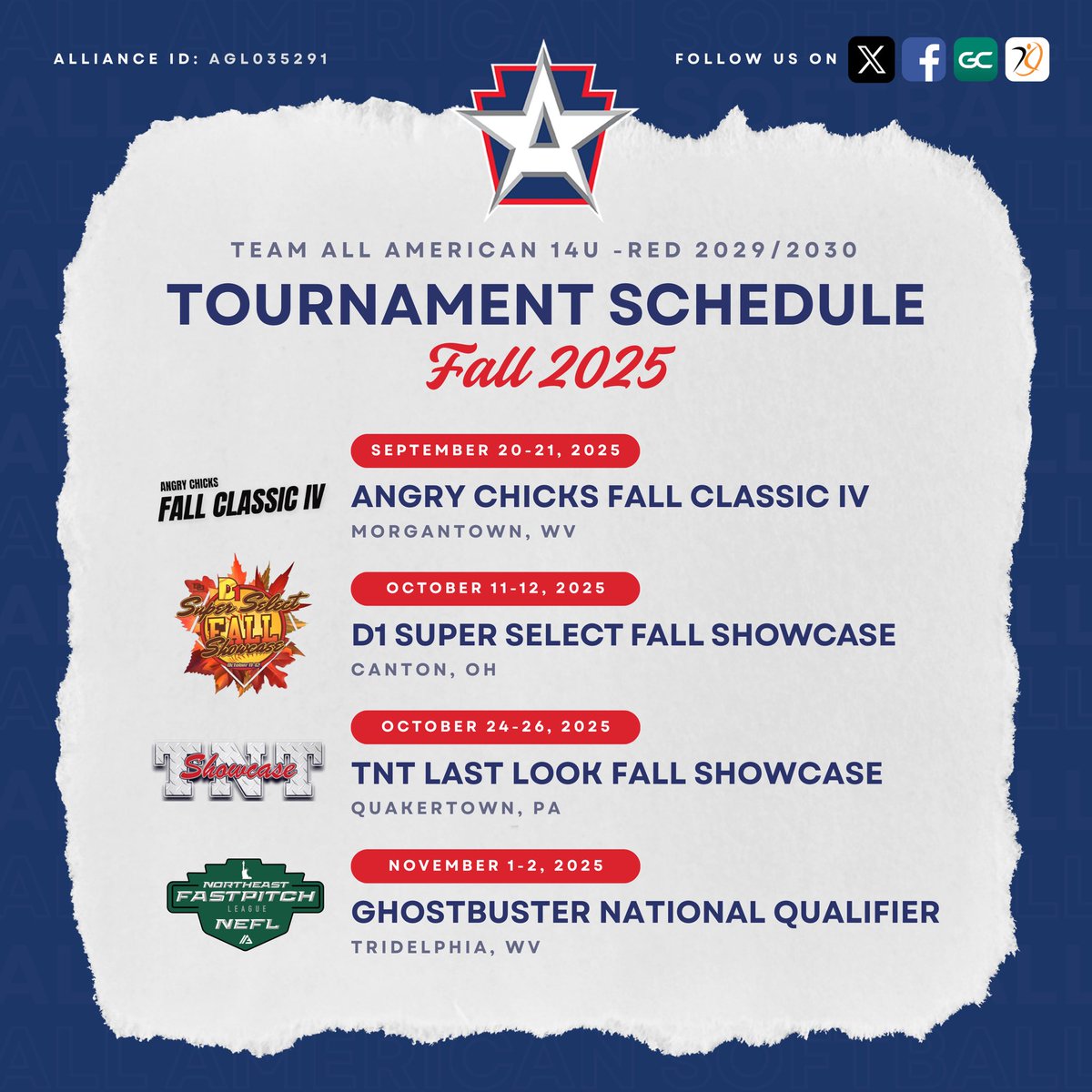 TeamAA_14U_Red's tweet photo. Dropping our fall schedule, ready to get started this weekend 🥎

Let’s go Team All American 14U - Red.

@thealliancefp @d1fastpitch1 @TNTTournaments https://t.co/ZcYrkmweTa