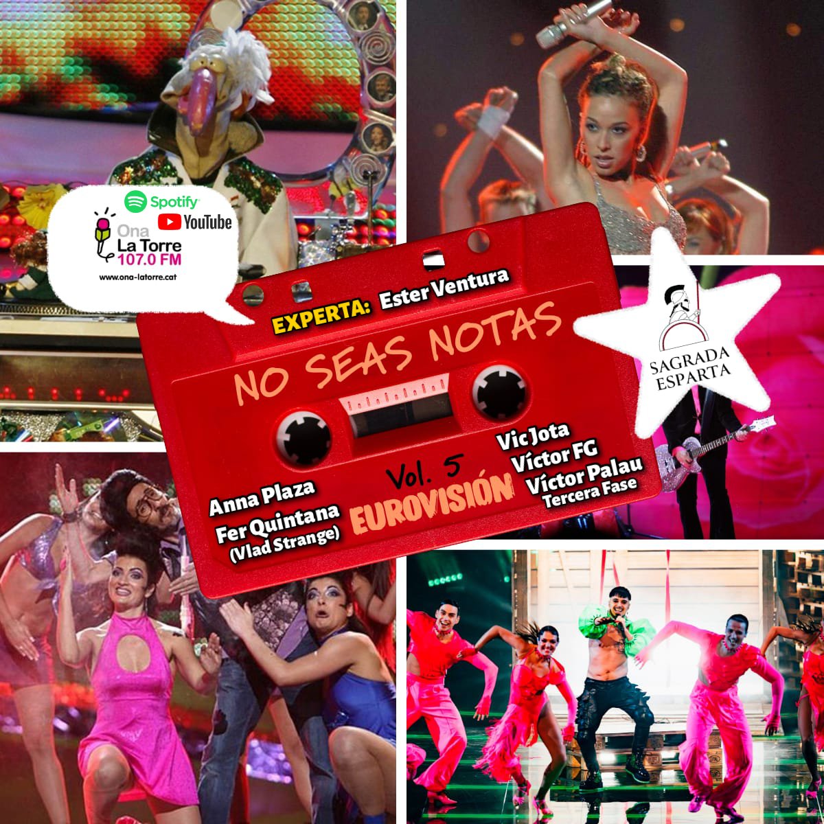 En <a href="/OnaLaTorre/">Ona la Torre 107.0FM</a>, Anna Plaza va a comandar desde la mesa de sonido a una gran facción espartana.
<a href="/estercita/">Ester👩🏼‍🏫</a> , experta analítica de este quinto volumen de No Seas Notas, va a dirimir a 5 bandas el ganador de una competición.. ¡De Eurovisión! 

<a href="/VicJota/">VicJota</a> 
<a href="/vladstrange_/">VladStrange</a> 
<a href="/VictorFG1982/">Víctor Fernández García | Bipolaridad y fantasía</a>