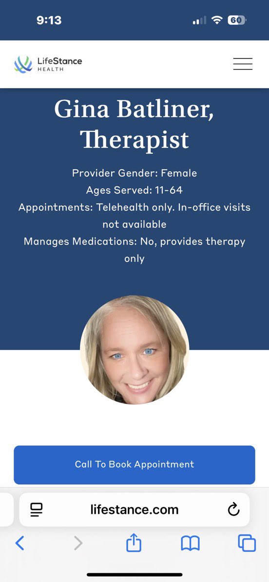 Aesthetica (@anc_aesthetics) on Twitter photo Meet Gina Batliner. Therapist at <a href="/lifestanceUS/">LifeStance Health</a> in Tualatin, OR.
Gina thinks an innocent father of two little children deserved to be murdered.
Insane far left extremists like Gina should not be giving advice to people with mental health issues.
Reach out to Life Stance and ltk Meet Gina Batliner. Therapist at <a href="/lifestanceUS/">LifeStance Health</a> in Tualatin, OR.
Gina thinks an innocent father of two little children deserved to be murdered.
Insane far left extremists like Gina should not be giving advice to people with mental health issues.
Reach out to Life Stance and ltk