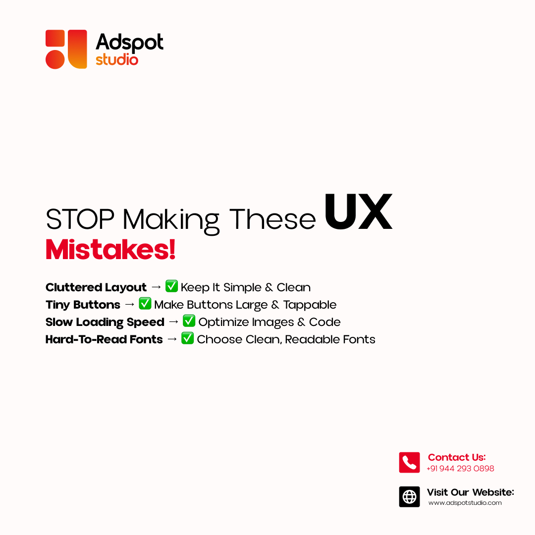 Addspotstudio's tweet image. ❌ Bad UX = Lost Customers
✅ Clean, fast & user-friendly design = Growth 📈
👉 Which mistake do you see often?
#UXDesignTips #NoMoreUXMistakes #UserExperienceMatters #SimpleDesignBetterResults #UXMadeEasy