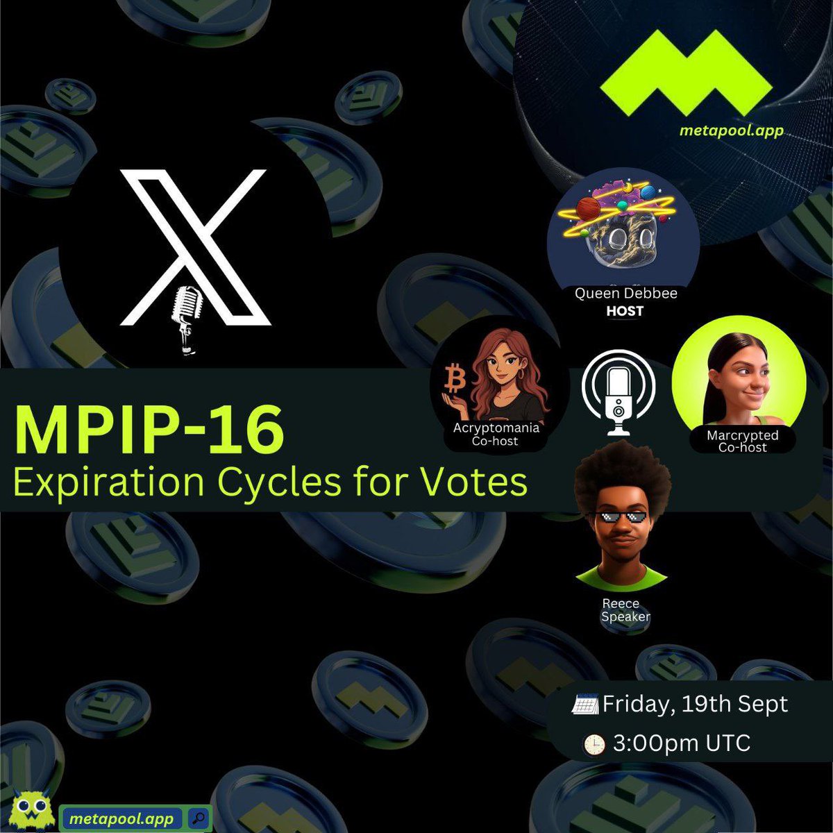 Debbee โ๏ธ ๐ฑ (@queen_debbee) on Twitter photo ๐ณ๏ธ DAO governance just got smarter.
This Friday, join me, <a href="/Blesilyns/">Acryptomania</a>, <a href="/marcrypted/">Sol๐ซ</a>, and guest speaker <a href="/don_zee10/">.ยฎโฌยฃยฉE.DeFi</a> as we dive into:
MPIP-16: Expiration Cycles for Votes โณ
What it means, why it matters & how it shapes the future of <a href="/meta_pool/">Meta Pool</a> DAO.
๐ x.com/i/spaces/1mrxmโฆ ๐ณ๏ธ DAO governance just got smarter.
This Friday, join me, <a href="/Blesilyns/">Acryptomania</a>, <a href="/marcrypted/">Sol๐ซ</a>, and guest speaker <a href="/don_zee10/">.ยฎโฌยฃยฉE.DeFi</a> as we dive into:
MPIP-16: Expiration Cycles for Votes โณ
What it means, why it matters & how it shapes the future of <a href="/meta_pool/">Meta Pool</a> DAO.
๐ x.com/i/spaces/1mrxmโฆ