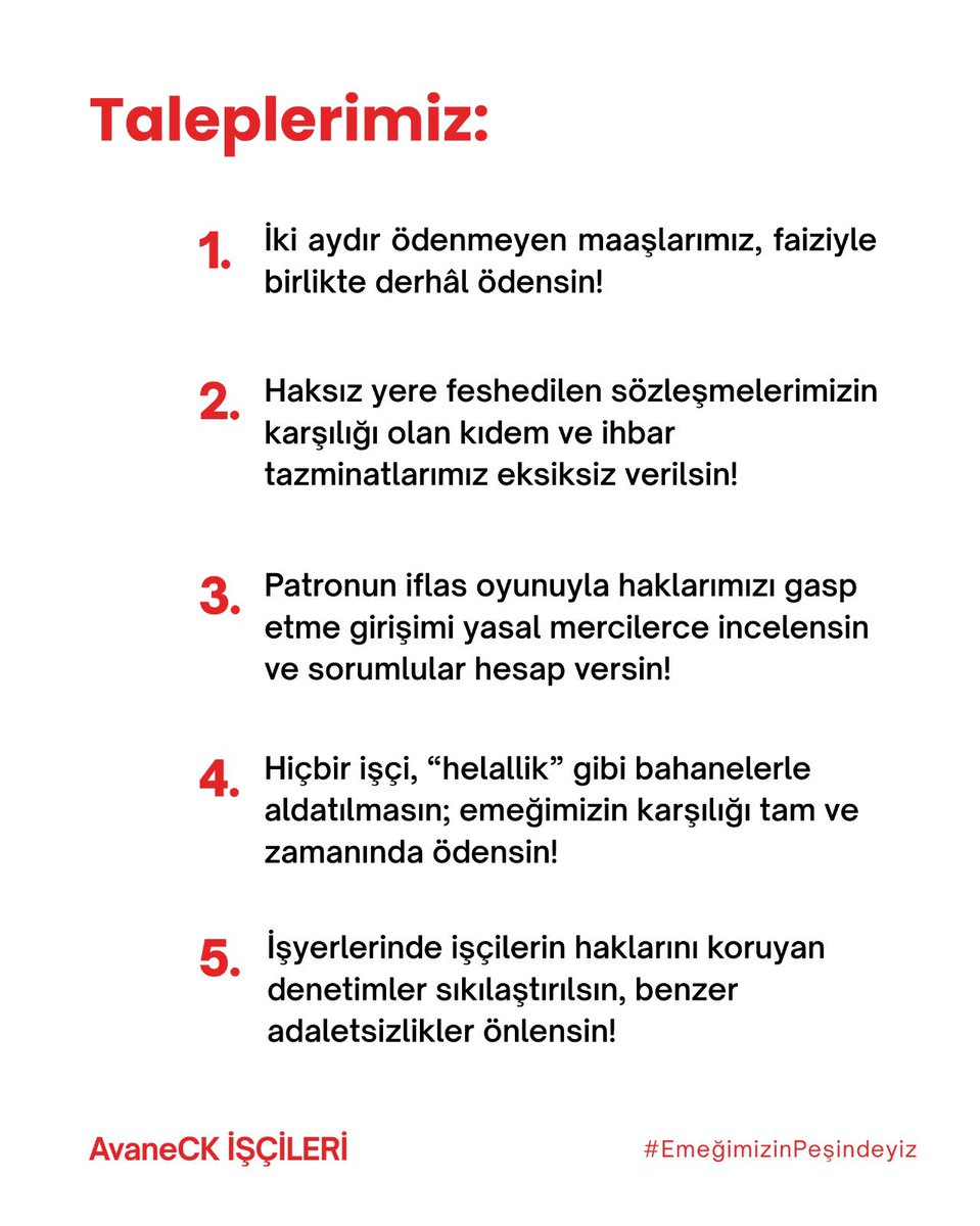 270 AvaneCK işçisiyiz. Aylarca eksik maaş aldık, tazminat ve haklarımız ödenmeden işten atıldık. 75 gündür hakkımız için direniyor, vazgeçmiyoruz. Taleplerimiz karşılanana dek mücadeleyi  büyüteceğiz!

#AvaneCkİşçileriKazanacak
#AhmetOrhonHakkımızıÖde
#KürşatÖçalanHakkımızıÖde
