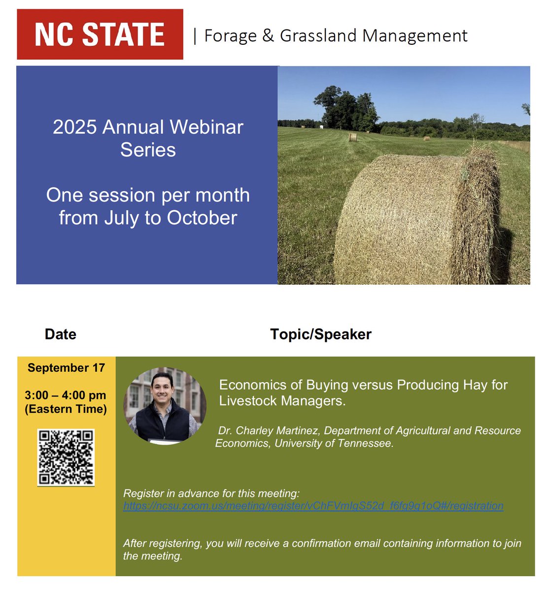 Reminder, webinar: "Economics of buying versus producing hay for livestock managers". Registration: 👉 ncsu.zoom.us/meeting/regist…