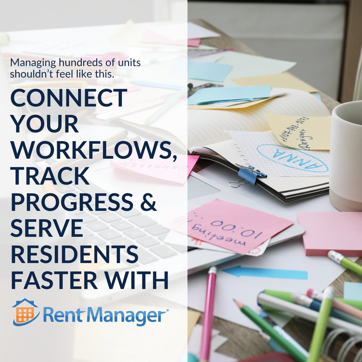 Sticky notes, spreadsheets, missed updates. Managing your units shouldn’t feel like this.

Rent Manager brings it together:
✔️ Track work orders
✔️ Keep vendors coordinated
✔️ Serve residents faster

Turn chaos into clarity and focus on growing your communities.