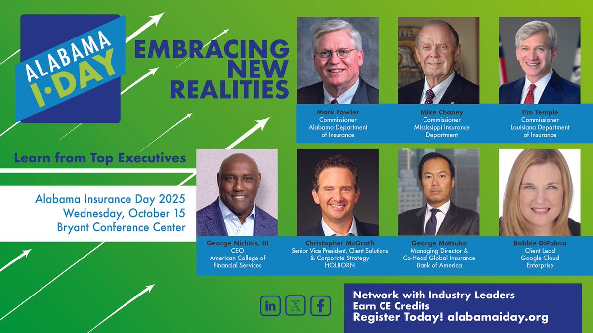 Alabama Insurance Day 2025 is just around the corner on October 15! Learn from preeminent leaders on embracing new realities in Property/Casualty, Life/Health, Risk Management, and Company Operations. Earn CE credits. Register today at AlabamaIDay.org! #alabamiday