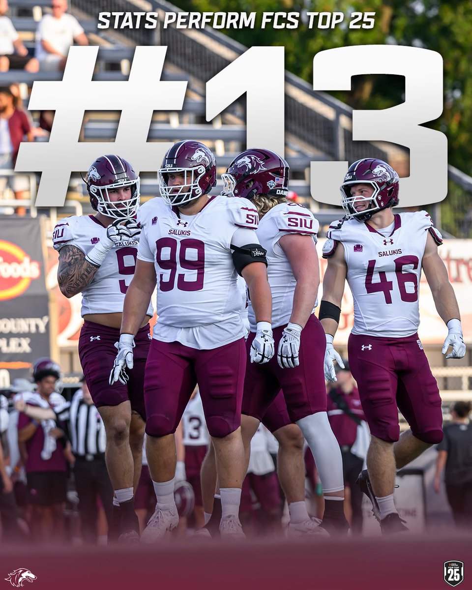 The Dawgs are moving up in the rankings 👀

SIU is No. 11 in the AFCA FCS Coaches Poll, and No. 13 in the Stats Perform FCS Top 25! 📈

#Salukis | #BuiltFor