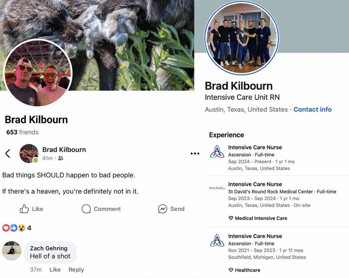 MostlyPeaceful's tweet photo. Brad Kilbourn is an Intensive Care Nurse in Austin, Texas for Ascension. 

People who advocate and support murder cannot be employed in positions of public trust. Full stop. 

How would he treat a patient who shares Charlie’s beliefs? https://t.co/sjVjNZP0Xx