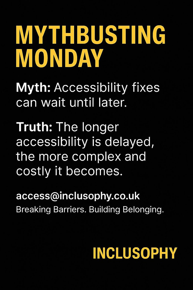 Mythbusting Monday ⚡

Myth: “Accessibility fixes can wait until later.” Truth: The longer accessibility is delayed, the more complex and costly it becomes. Putting accessibility off isn’t saving money — it’s building barriers. True inclusion means acting now, not later.

💬