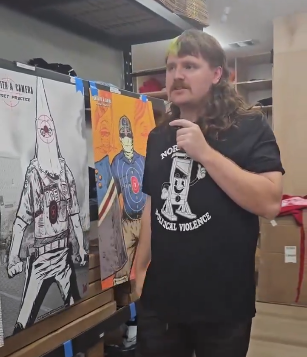 NatCon2022's tweet photo. This is the actual Antifa, named Brandon Walsh, who is using @shopify, @YouTube, @Patreon, and @instagram to sell merchandise that glorifies and promotes murder. Including the murder of the US President.

The shirt he has on says, "Normalize Political Violence." https://t.co/a6aMsHw8Dv