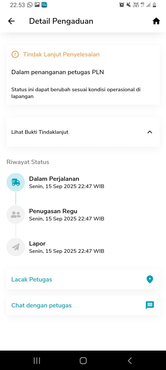 Halo <a href="/pln_123/">PT PLN (Persero)</a> ini nanganin laporan, abis dalam perjalanan, 5 menit kemudian status dibatalkan, problem blum teratasi, komplek saya gelap gulita

Kenapa dibatalin kalo problem belom solved?