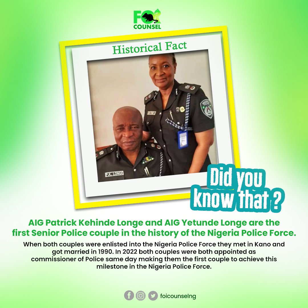 👮🏾‍♂️👮🏾‍♀️ Did you know?
AIG Patrick Kehinde Longe &amp; AIG Yetunde Longe are the first senior police couple in Nigeria’s history!
Married in 1990, both became Commissioners of Police on the same day in 2022. A true milestone! 🇳🇬

#DidYouKnow #NigeriaPolice #FOICounsel