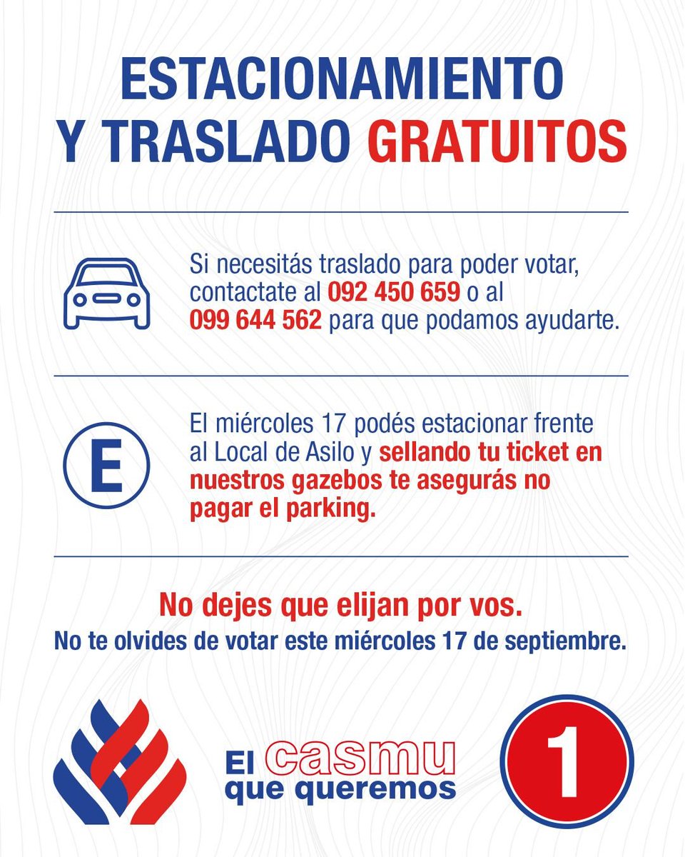 Este miercoles 17 de septiembre son las elecciones de CASMU. No dejes que elijan por vos. Votar toma 5 minutos y puede cambiar la historia de CASMU. 

Elegí volver a la normalidad. Elegí la Lista 1 - El CASMU Que Queremos.