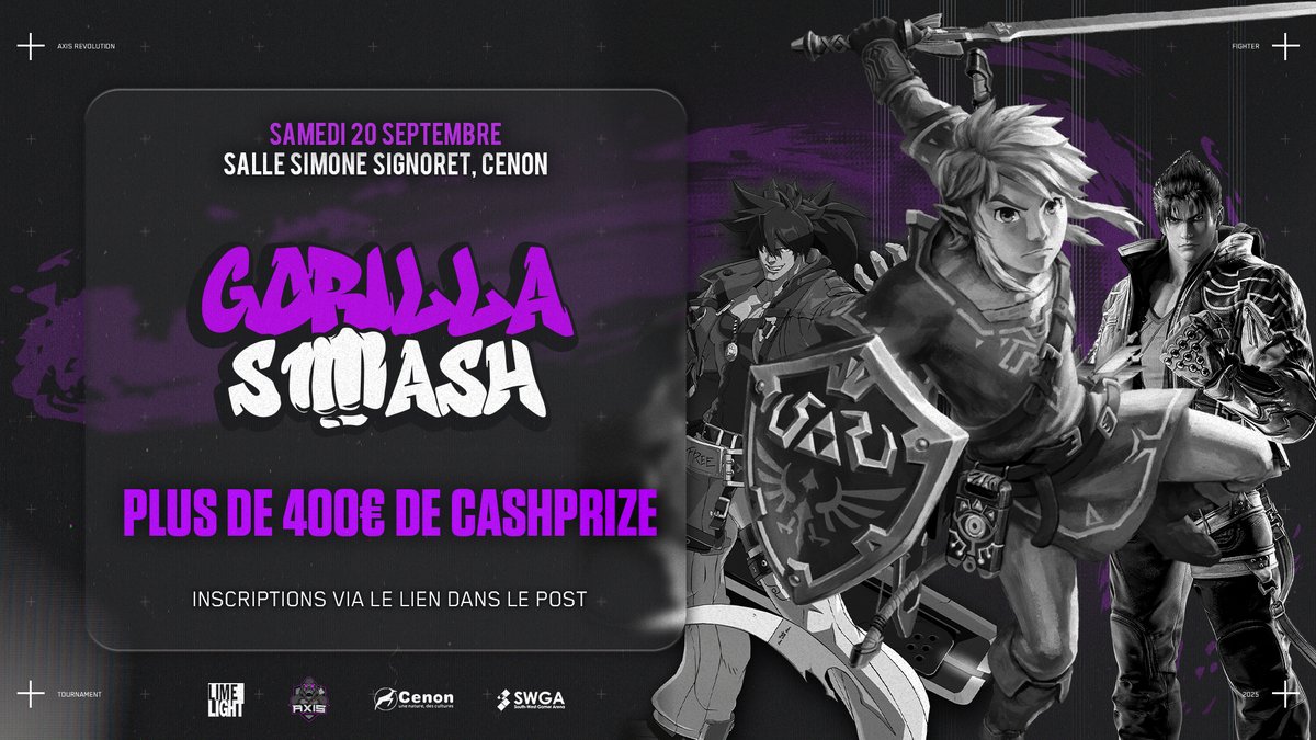 GORILLA SMASH #3

start.gg/tournament/gor…

💵Inscription gratuite
📅Samedi 20 septembre
🕗Début des tournois 14h
📍Espace Simone Signoret, Cenon 33150
🥊Tournois #SSBU, #GuiltyGearStrive et #TEKKEN  avec les amis <a href="/SWGA_Bordeaux/">SWGA</a> et <a href="/grab_vf/">G.R.A.B.</a> 

🥇Presque 400€ de lots à gagner !