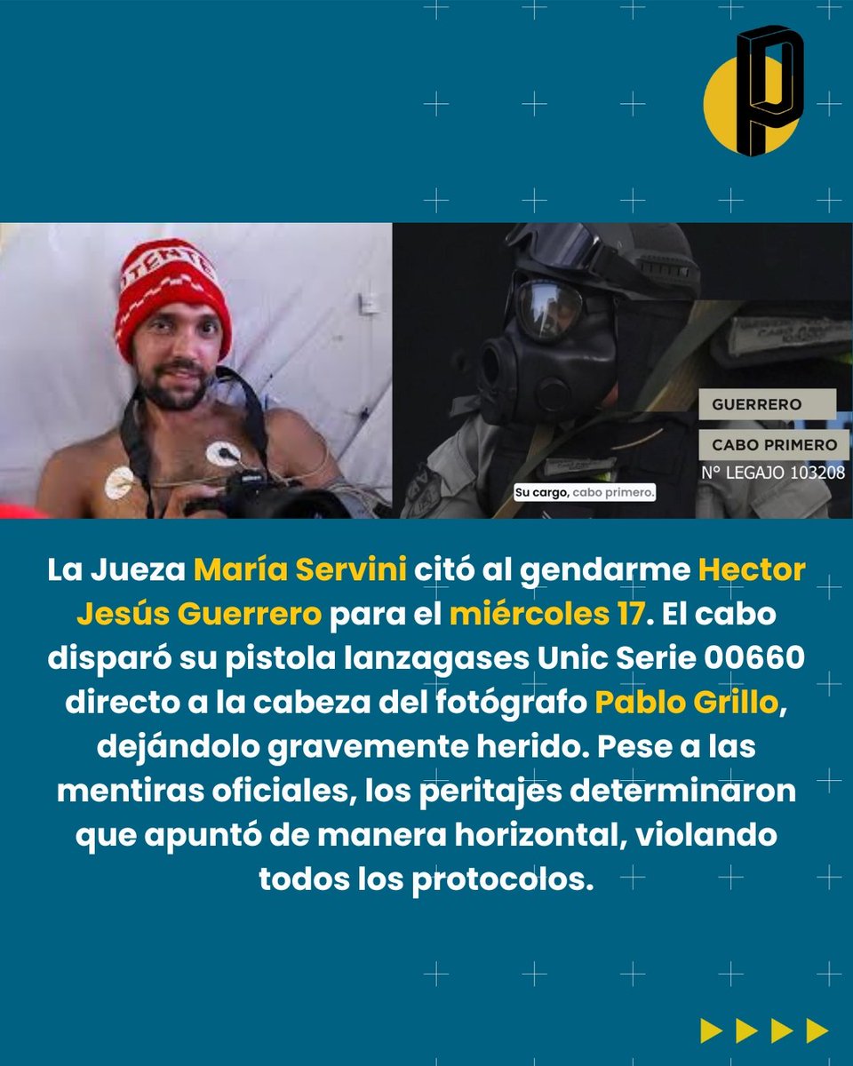 Perycia_OK's tweet image. 🚨 #Represión #ComodoroPy
Mañana declara el prefecto que le disparó a Jonathan Navarro y el miércoles el gendarme que casi mata a Pablo Grillo.
Los dos apuntaron a las cabezas y respondían órdenes de #Bullrich en la represión a jubilados del 12/3