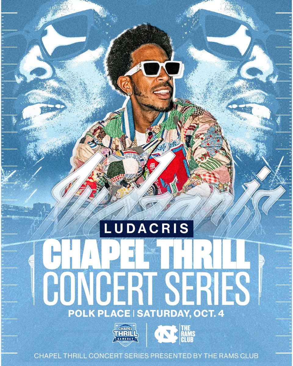 GoHeels's tweet image. Say what you gon' do? Act a fool 🎶
We're excited to announce three-time Grammy Award-winning rapper and actor @Ludacris as our Chapel Thrill Concert Series headliner on October 4th before @UNCFootball takes on Clemson!
#GoHeels x @TheRamsClub
