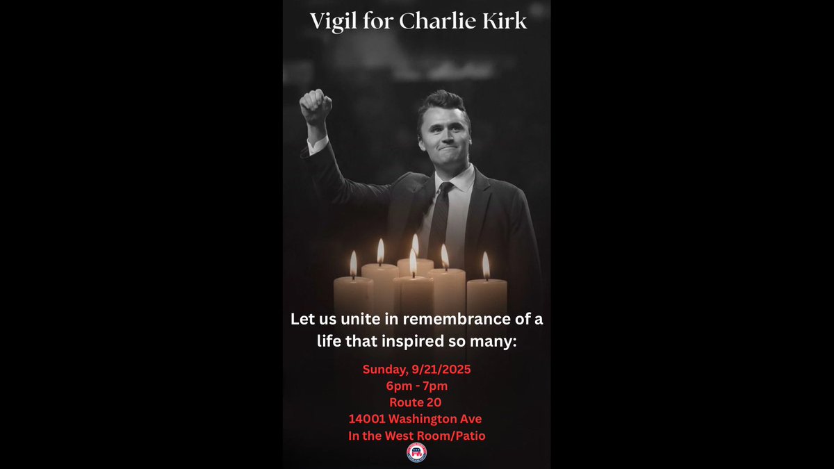 Please join us on Sunday 9/21 from 6–7 PM at Route 20 as we honor and remember the life of Charlie Kirk. 

His legacy reminds us that the conservative movement will only grow stronger as we stand united. 🇺🇸