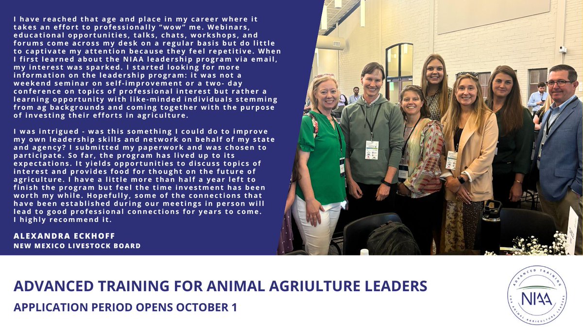 The Advanced Training for Animal Agriculture Leaders is an experiential learning program that is uniquely designed for each Cohort. The application and nomination period begins October 1. Learn more about the program here. >> ow.ly/2x1c50WWUHO