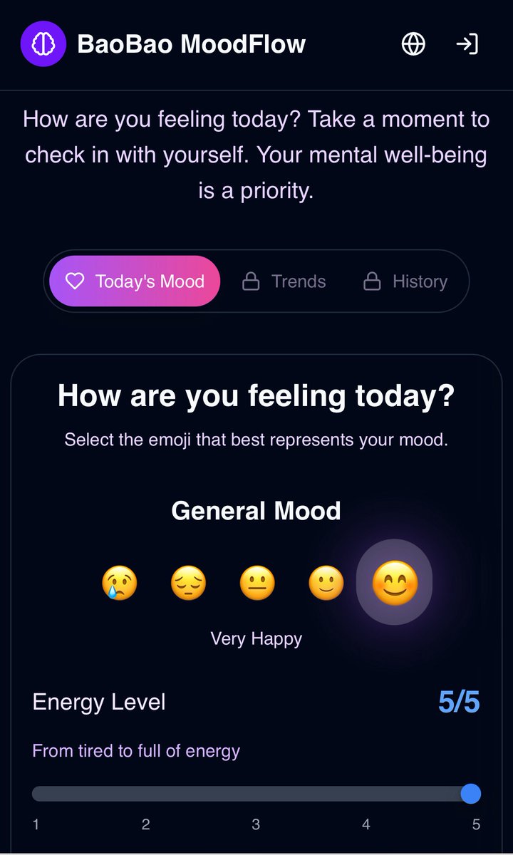 ❗️❗️❗️

Track your mood and energy levels daily with BaoBao MoodFlow. Log your feelings with intuitive emojis, track trends, and gain insights into your emotional well-being. Perfect for anyone seeking to boost self-awareness, manage stress, and support mental health with ease