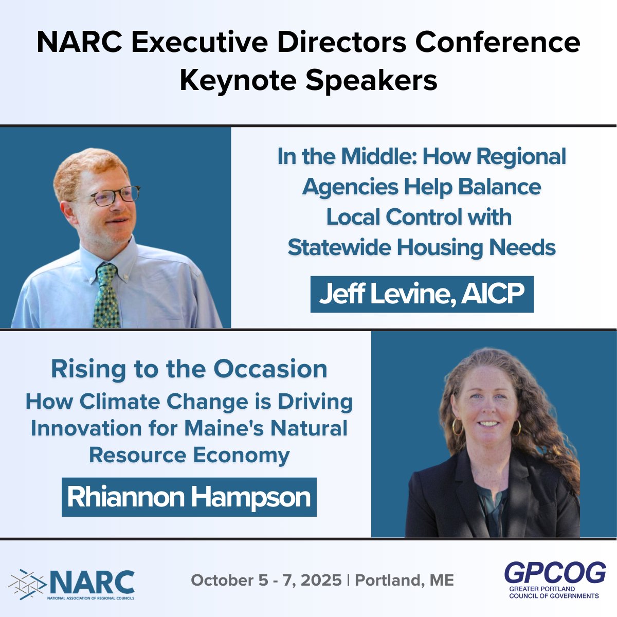 The Executive Directors Conference brings leaders together to solve today's toughest regional challenges.

Our Keynotes:
🏘 Jeff Levine – Housing &amp; local control
🌊 Rhiannon Hampson – Climate &amp; innovation
📅 Oct 5–8 | Portland, ME
👉Register: lnkd.in/gnxmNPgK