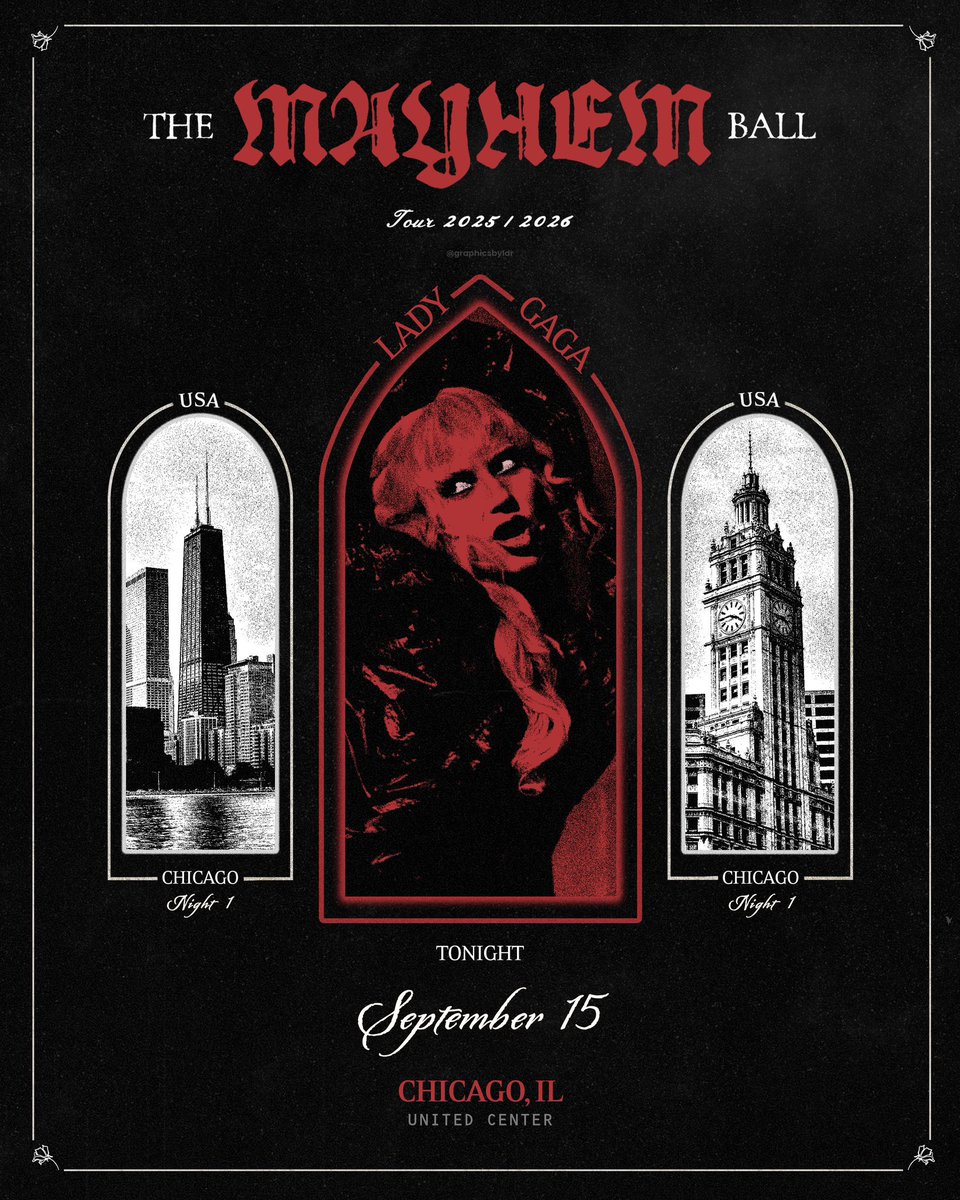 Chicago N1! 🇺🇸

The MAYHEM Ball storms into Chicago tonight at the United Center, where Gaga will play three shows on September 15, 17, and 18. 🌪✨ 

These are the last three shows of the first North American leg before the tour heads to Europe on September 29. 🌍✈️

Only four