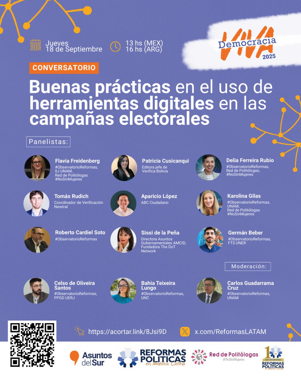📢 #Agéndate

📌 | #Conversatorio

#DemocraciaViva2025 junto con el #ObservatorioReformas te invitan a reflexionar sobre:
✨ “Buenas prácticas en el uso de herramientas digitales en las campañas electorales”

Un espacio para dialogar sobre cómo la tecnología transforma las
