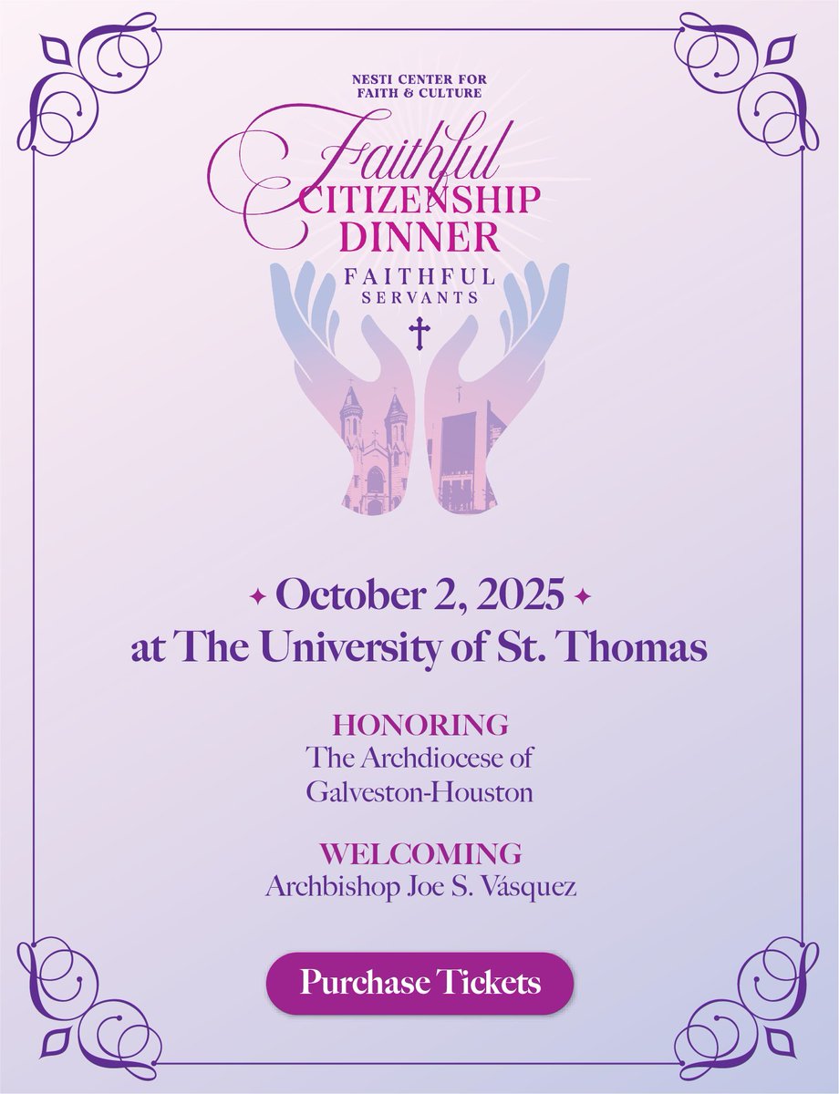 📣 Join us for the 2025 Faithful Citizenship Dinner: Faithful Servants

🗓 Oct 2 | 6:30 PM
📍 Univ. of St. Thomas – Houston

Honoring the Archdiocese of Galveston-Houston + welcoming Archbishop. Joe S. Vásquez.

🎟 Get tickets: one.bidpal.net/cfcdinner2025/…

<a href="/stthomashouston/">University of St. Thomas</a> <a href="/archgh/">Archdiocese of Galveston-Houston</a>