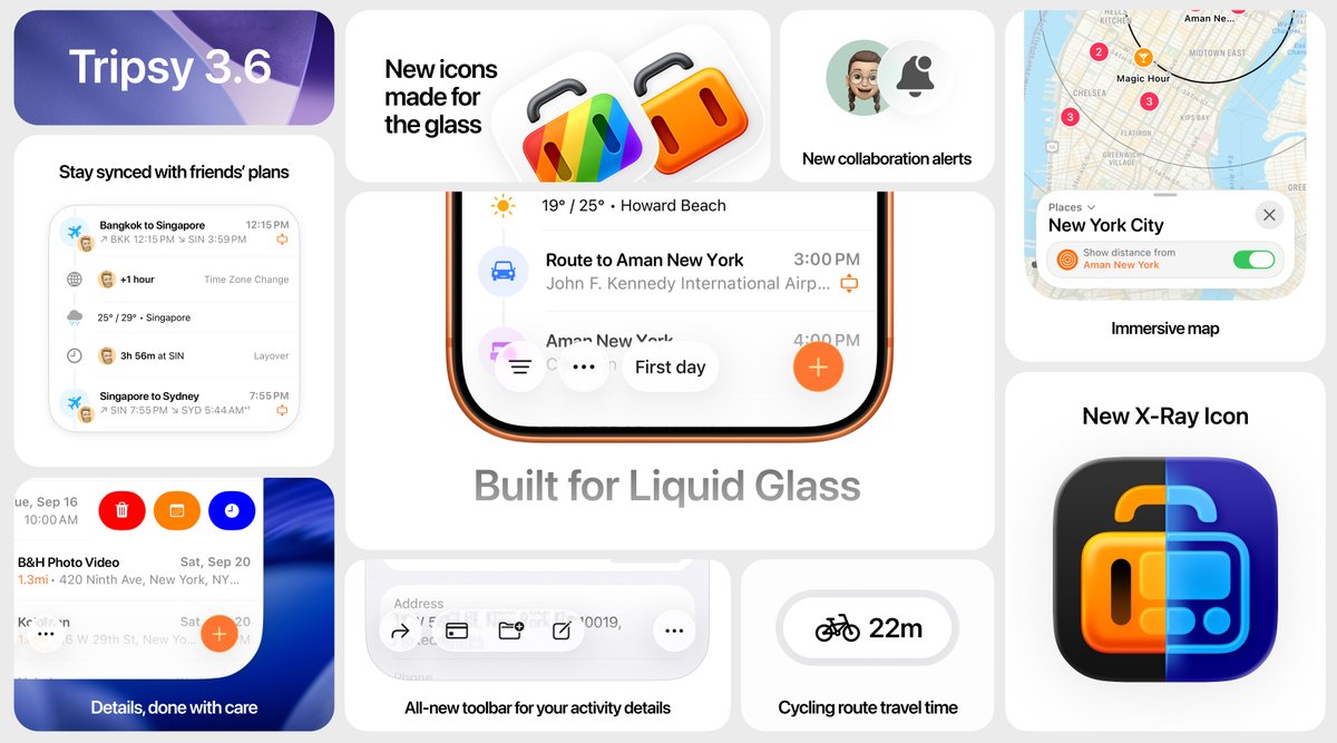 tripsyapp's tweet image. 🚀 Tripsy is ready for iOS 26!
We’ve embraced the new design language with fluid interactions, a redesigned toolbar, and a reimagined X-Ray icon — making every trip clearer, smoother, and more delightful.✨