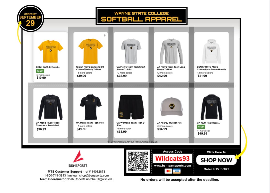 Looking for some new WSC Softball gear? Now is the time to grab it! 

Shop closes at 11:59pm September 28th 

🔗: bsnteamsports.com/shop/Wildcats93