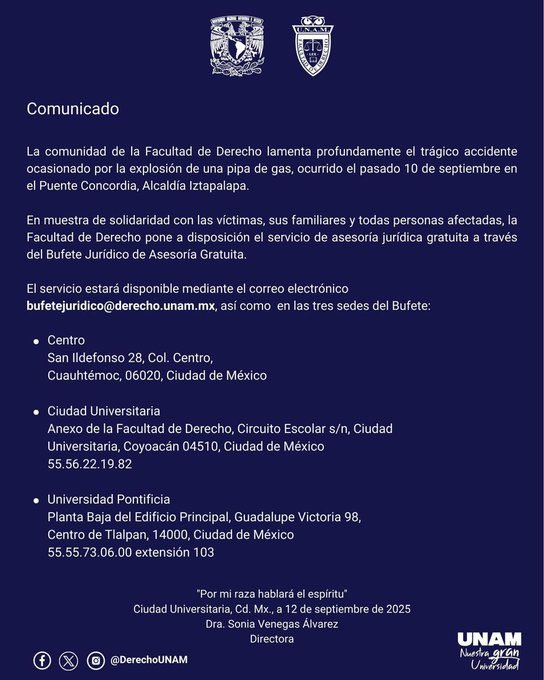 QueCosaNoticias's tweet photo. ⚖️ ¿Fuiste afectado por el accidente en Iztapalapa?
El Bufete Jurídico de la UNAM @DerechoUNAMmxy la Red de Abogadas Feministas @redafemxofrecen asesoría legal gratuita para quienes necesiten orientación y apoyo
Acércate y conoce tus derechos
#Iztapalapa #ExplosionCdmx
#Difundir https://t.co/4xl9Q7BaFQ