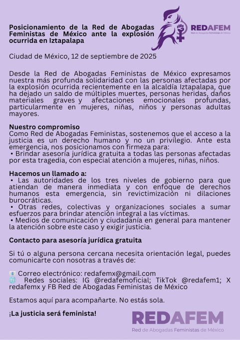 QueCosaNoticias's tweet photo. ⚖️ ¿Fuiste afectado por el accidente en Iztapalapa?
El Bufete Jurídico de la UNAM @DerechoUNAMmxy la Red de Abogadas Feministas @redafemxofrecen asesoría legal gratuita para quienes necesiten orientación y apoyo
Acércate y conoce tus derechos
#Iztapalapa #ExplosionCdmx
#Difundir https://t.co/4xl9Q7BaFQ