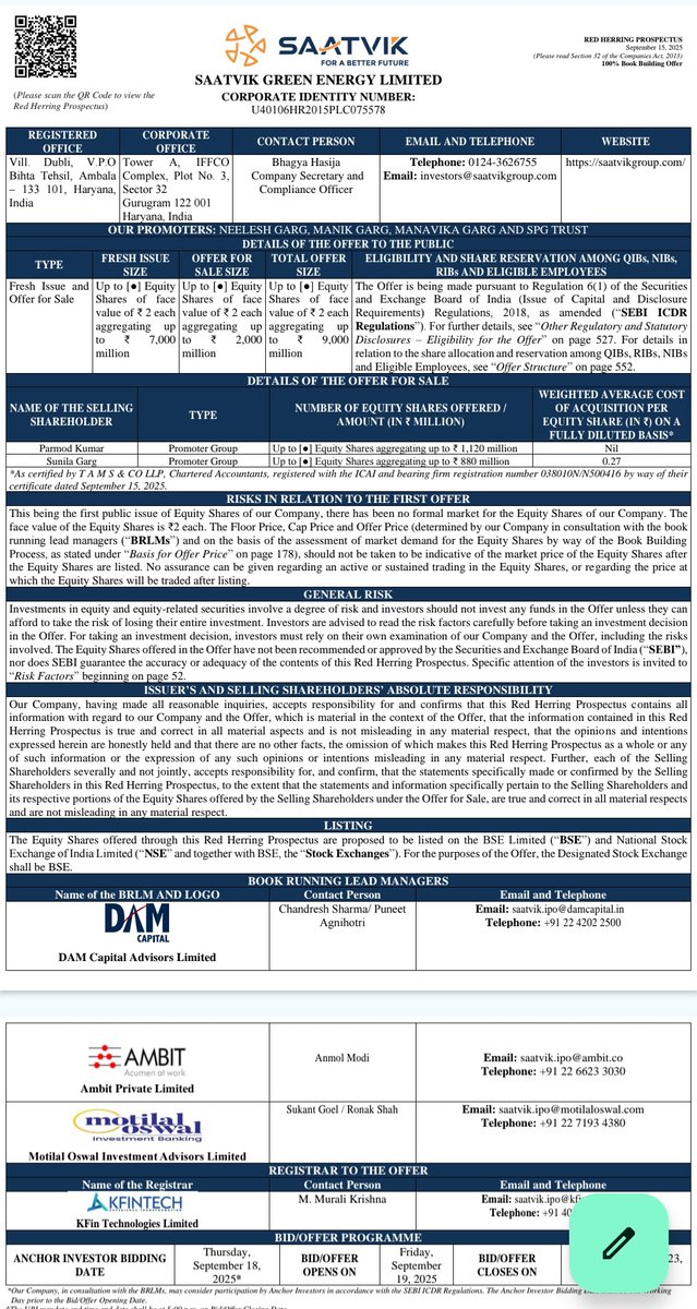 ipo_in's tweet photo. 🚨BREAKING IPO KING News🚨
Satvik Green Energy Limited filed RHP with SEBI on 15-Sep-2025 for IPO

Issue Date : 19-Sep to 23-Sep, 2025
Fresh : ₹700 cr.
Ofs : ₹200 cr.
Retail : 35%.
FV : ₹2

#IPO #IPOAlert #IPOKing #IPOTracker #SaatvikGreemIPO https://t.co/Z9lVbSWRaO