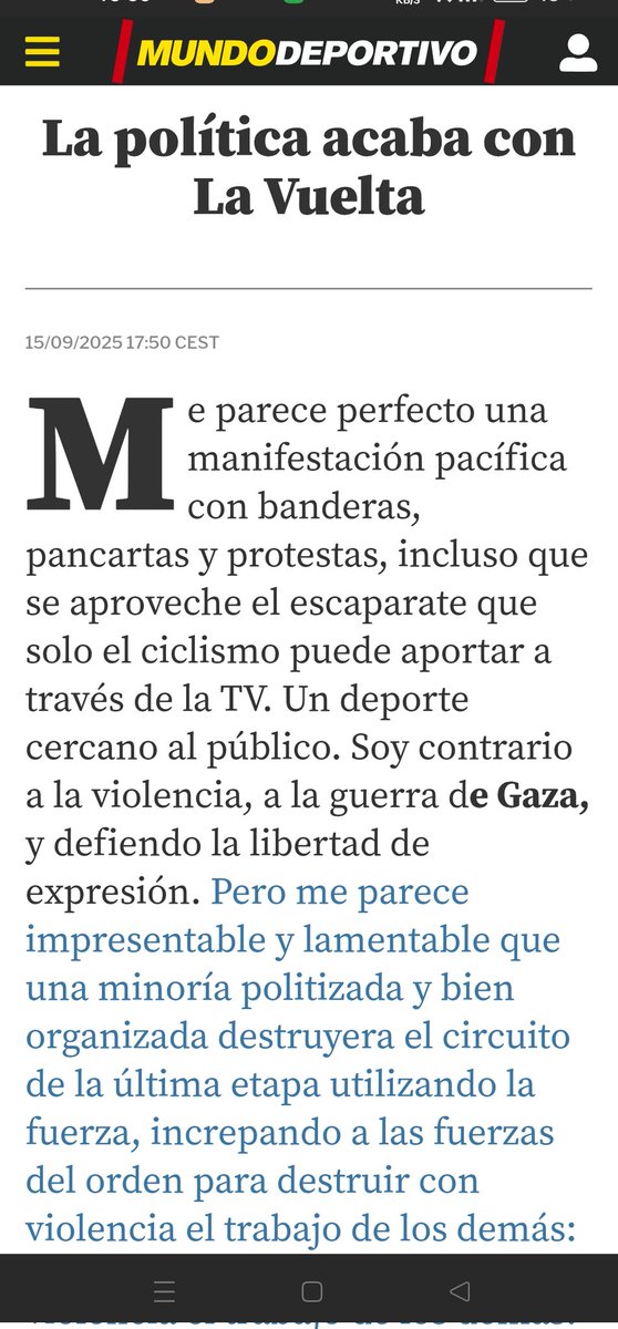 Mi opinión en <a href="/mundodeportivo/">Mundo Deportivo</a> sobre <a href="/lavuelta/">La Vuelta</a> 

"La política se cargó La Vuelta"

Me parece perfecto una manifestación pacífica con banderas, pancartas y protestas, incluso que se aproveche el escaparate ... mundodeportivo.com/opinion/202509…

"No se debe pedir la paz con violencia".