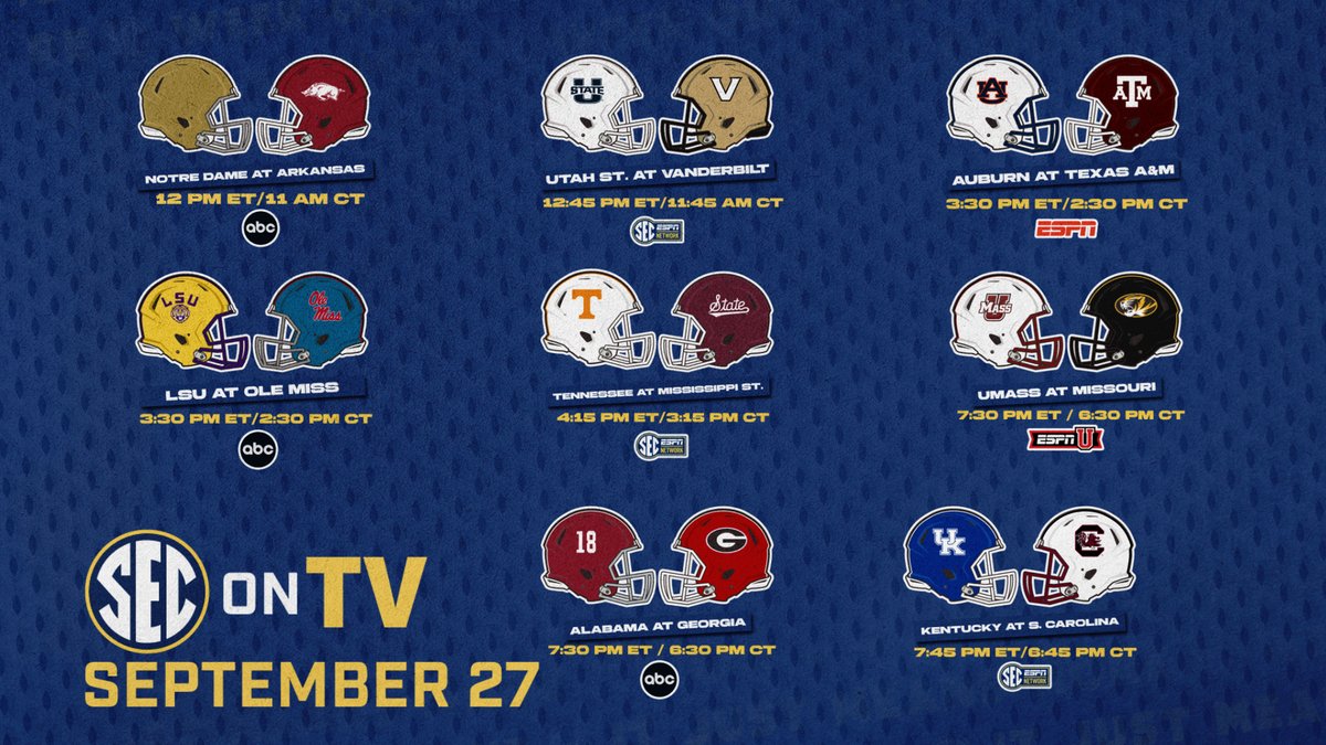 SEC's tweet image. 📺 #SECFB on TV: Sept. 27 

Updates: SECsports.social/fbtv0915