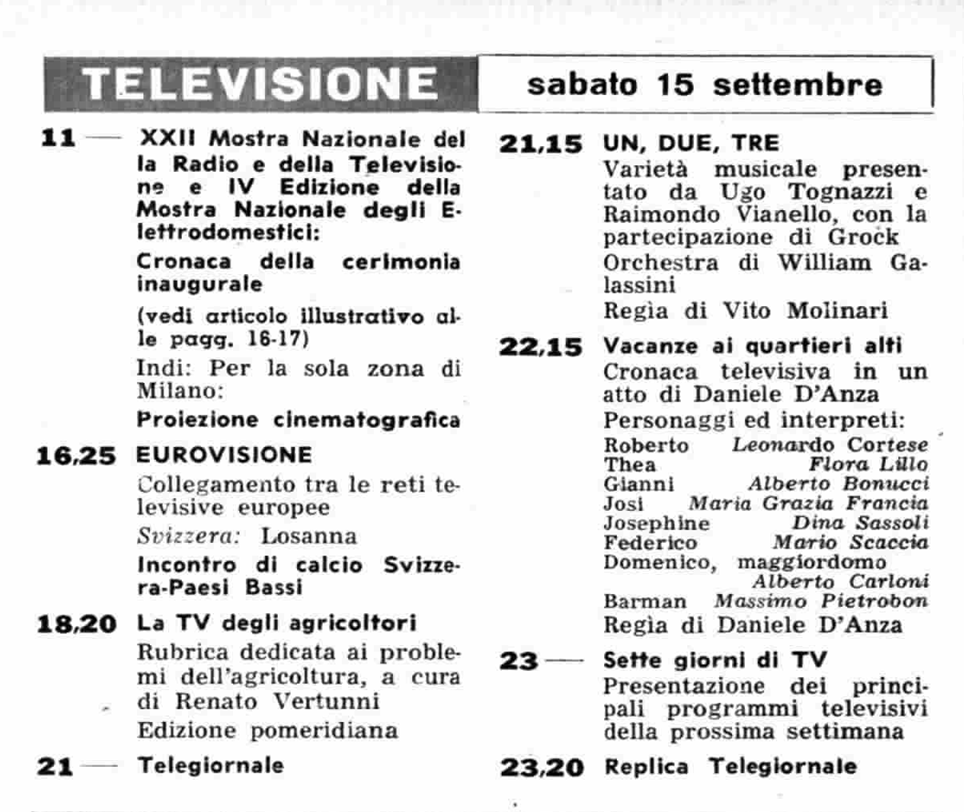 #unaTVfa Si inaugura sab. 15 set. '56 la mostra nazionale di Radio e TV; il film trasmesso per la zona di Milano è "La via dell'impossibile (Topper)", con Cary Grant e Constance Bennett; l'amichevole di Losanna la vincono gli olandesi 3-2 con tutti i gol nella ripresa.