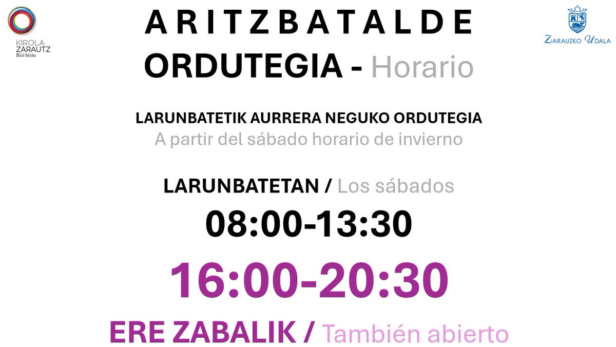 IRA-20tik AURRERA NEGUKO ORDUTEGIA ARITZBATALDEN

🤸‍♀️ADI! Larunbat honetatik aurrera arratsaldez ere zabalik 16:00-20:30 bitartean.

🤸‍♂️ADI! A partir de este sábado también abrimos a la tarde entre las 16:00 y las 20:30 horas.

Gu prest, ZU?🏊‍♀️🤸