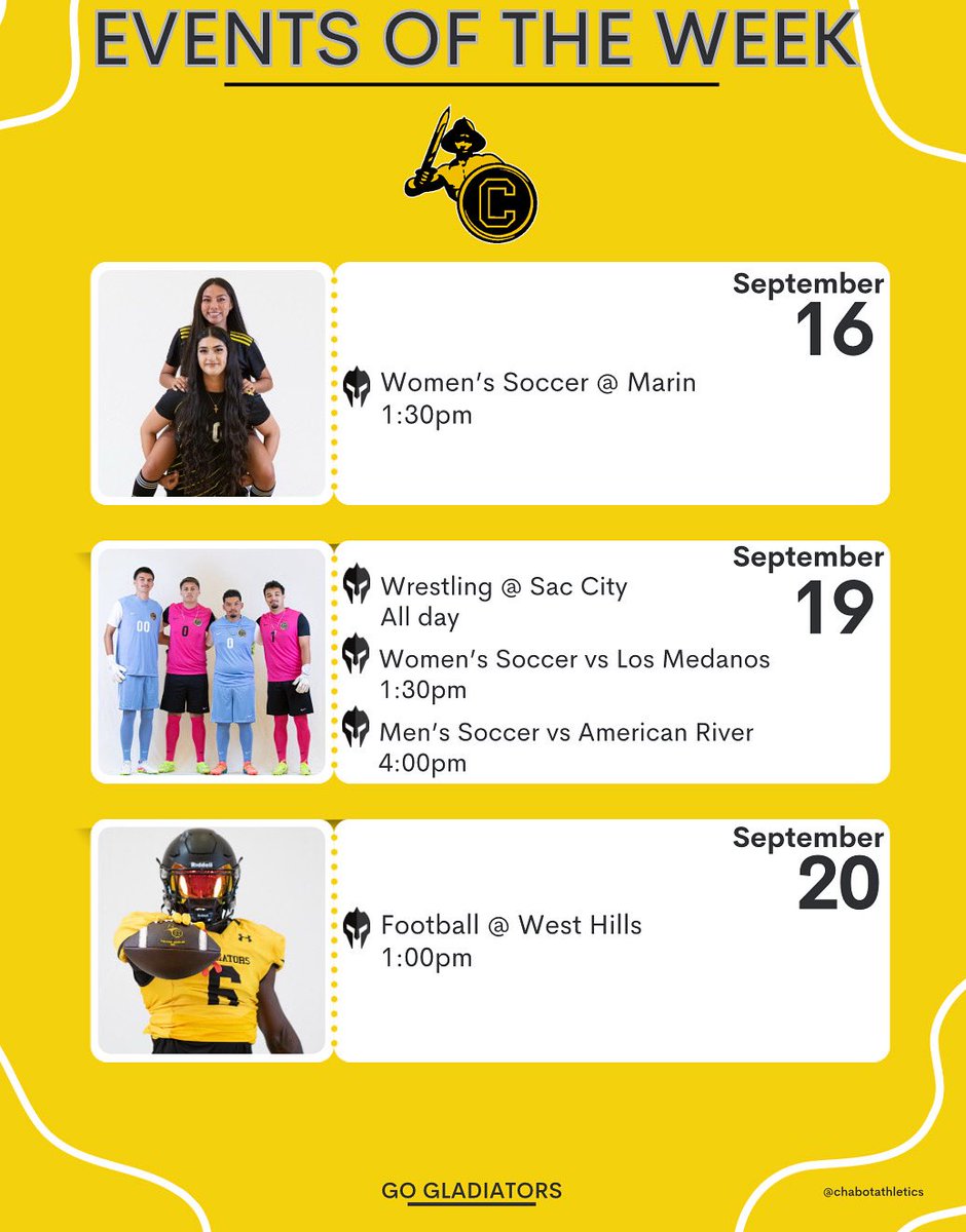 Gladiator athletic events for the week of 9/15-9/21