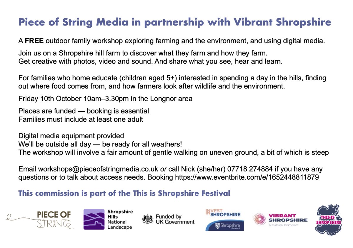 StringFilms's tweet image. Funded outdoor digital media workshop exploring farming / the environment for families who home educate (children age 5+). Fri 10th Oct 10am-3.30pm, Longnor area. Get in touch to talk about access needs. Reserve a space here: eventbrite.com/e/1652448811879